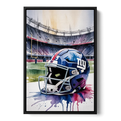 New York Giants Watercolor Helmet and Stadium Art Front - Black Canvas Wall Art