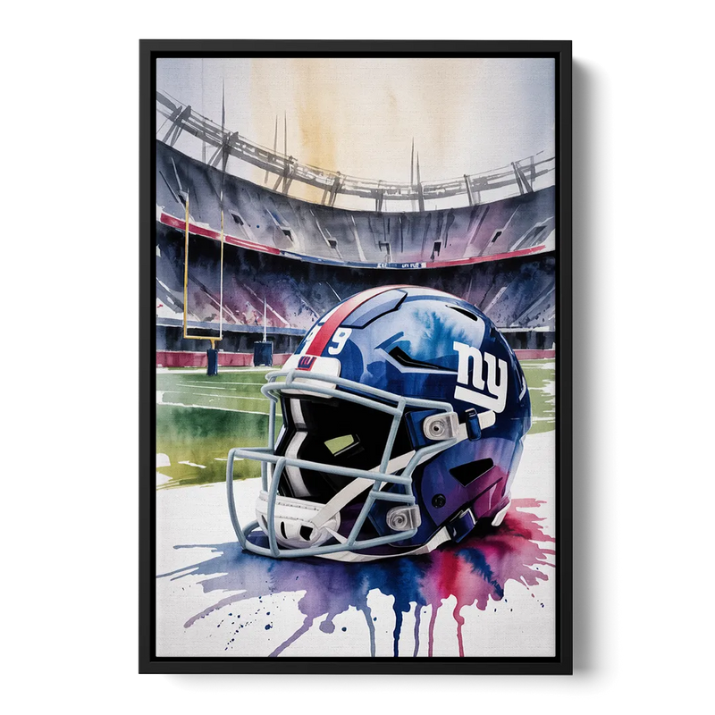 New York Giants Watercolor Helmet and Stadium Art Front - Black Canvas Wall Art