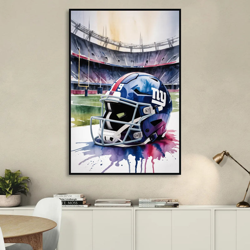 New York Giants Watercolor Helmet and Stadium Art Sitting Room - Black Canvas Wall Art