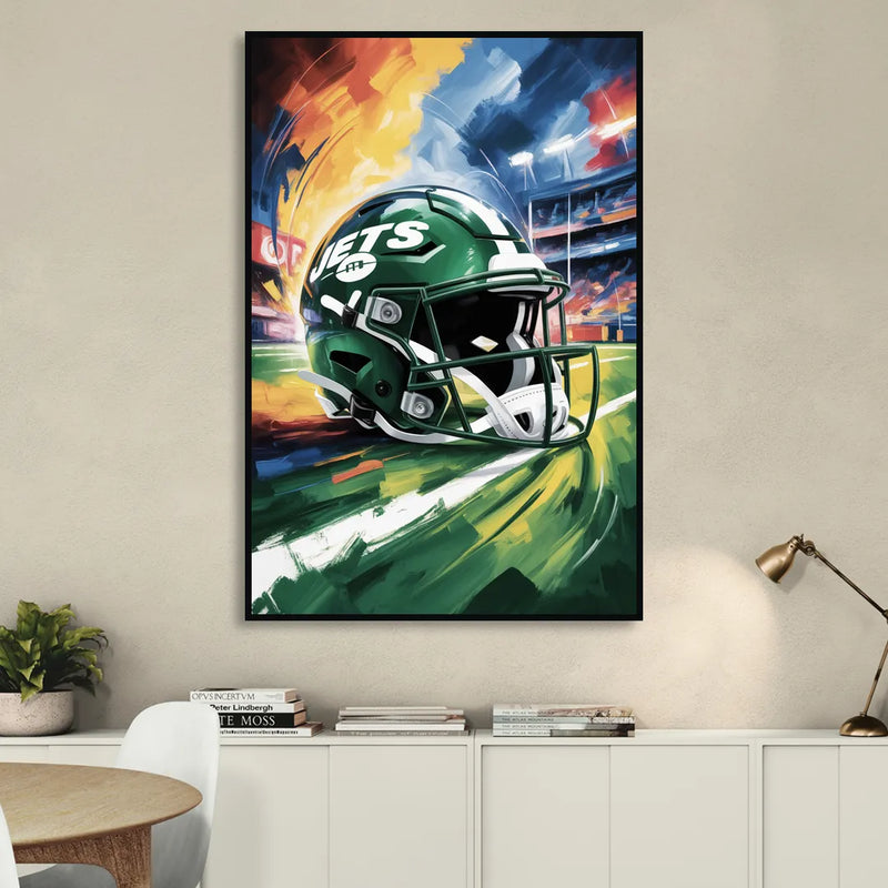 New York Jets Energetic Impressionist Football Helmet Artwork Living Room - Black Canvas Wall Art