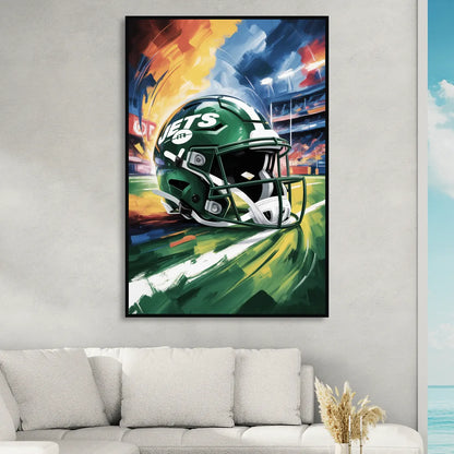 New York Jets Energetic Impressionist Football Helmet Artwork Sitting Room - Black Canvas Wall Art