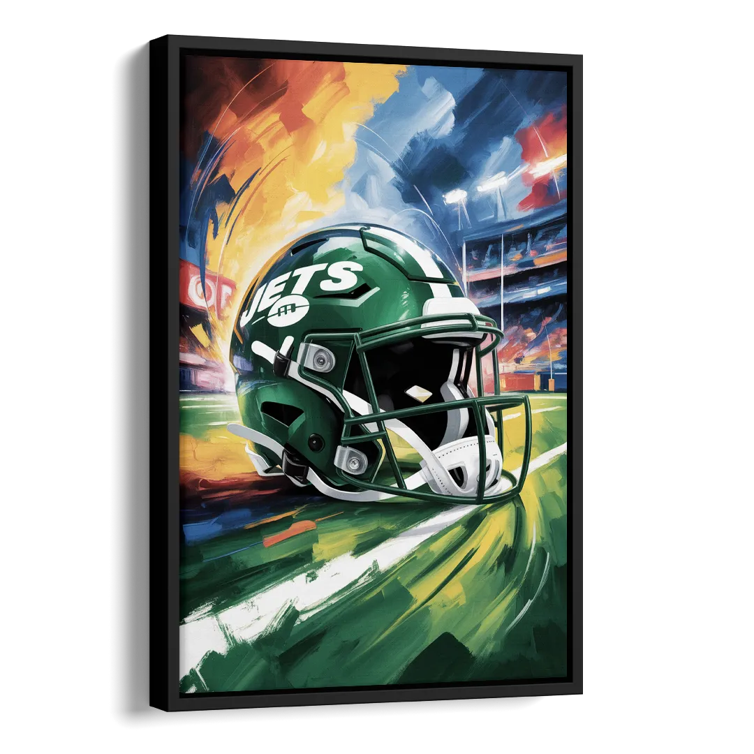 New York Jets Energetic Impressionist Football Helmet Artwork Side - Black Canvas Wall Art