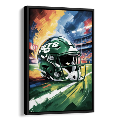 New York Jets Energetic Impressionist Football Helmet Artwork Side - Black Canvas Wall Art