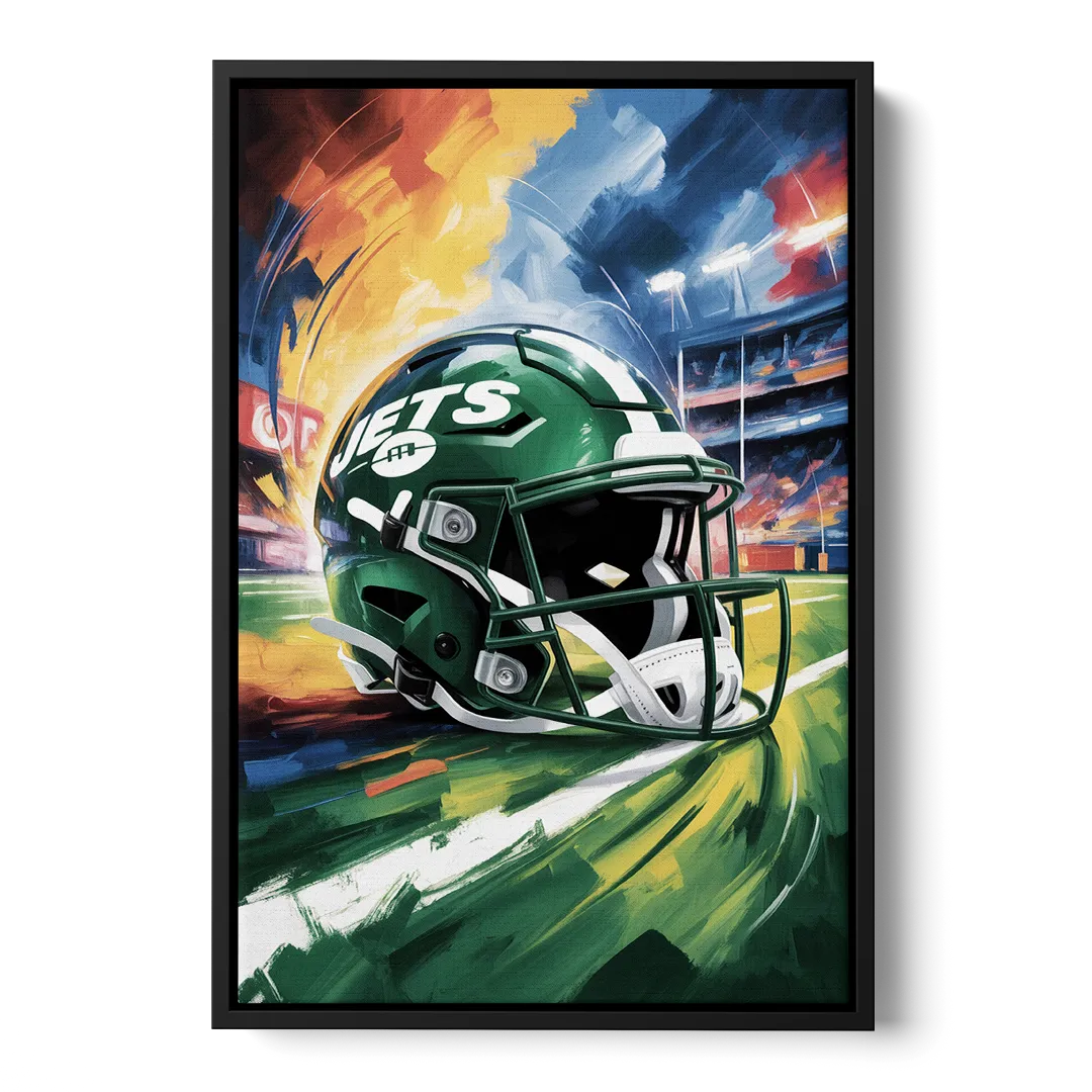 New York Jets Energetic Impressionist Football Helmet Artwork Front - Black Canvas Wall Art