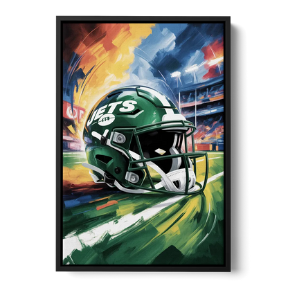 New York Jets Energetic Impressionist Football Helmet Artwork Front - Black Canvas Wall Art