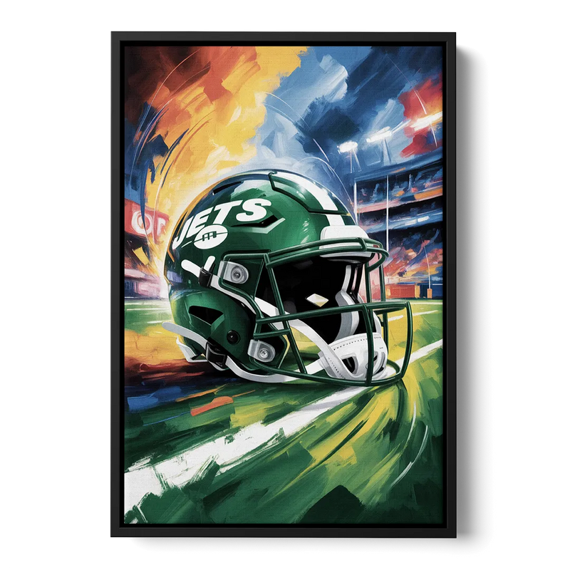 New York Jets Energetic Impressionist Football Helmet Artwork Front - Black Canvas Wall Art