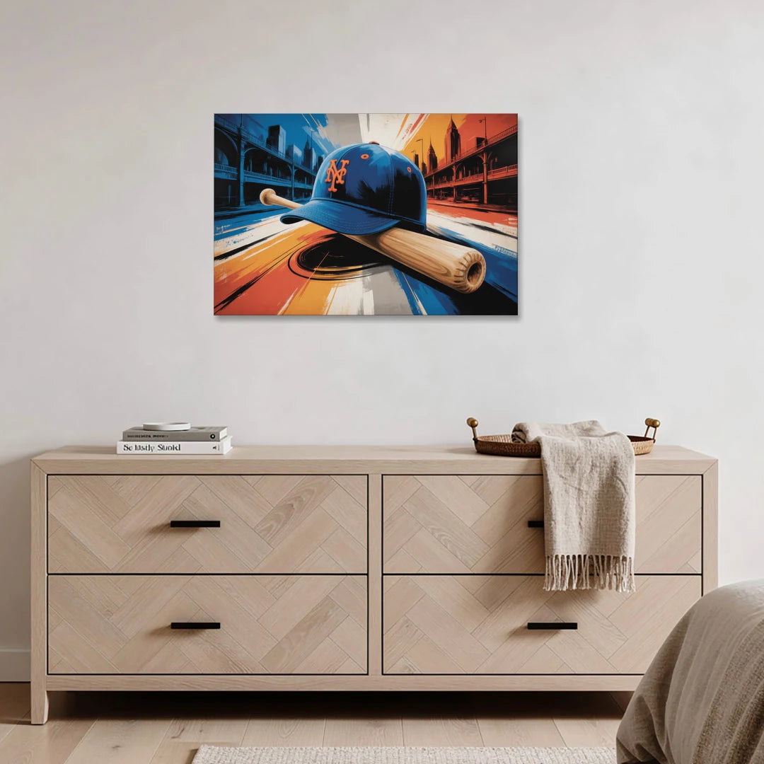 New York Mets Abstract Baseball Art Energetic Triumph in Blue and Orange - Canvas Wall Art - Coffee Table - 36x24