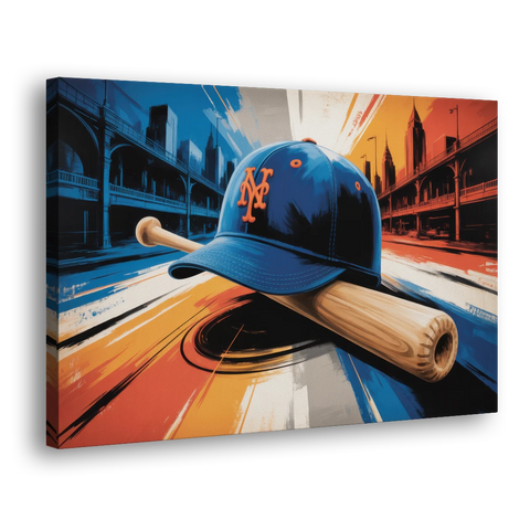 New York Mets Abstract Baseball Art Energetic Triumph in Blue and Orange - Canvas Wall Art - Side