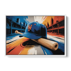 New York Mets Abstract Baseball Art Energetic Triumph in Blue and Orange - White Framed Canvas Wall Art - Front