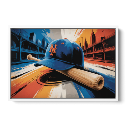 New York Mets Abstract Baseball Art Energetic Triumph in Blue and Orange - White Framed Canvas Wall Art - Front