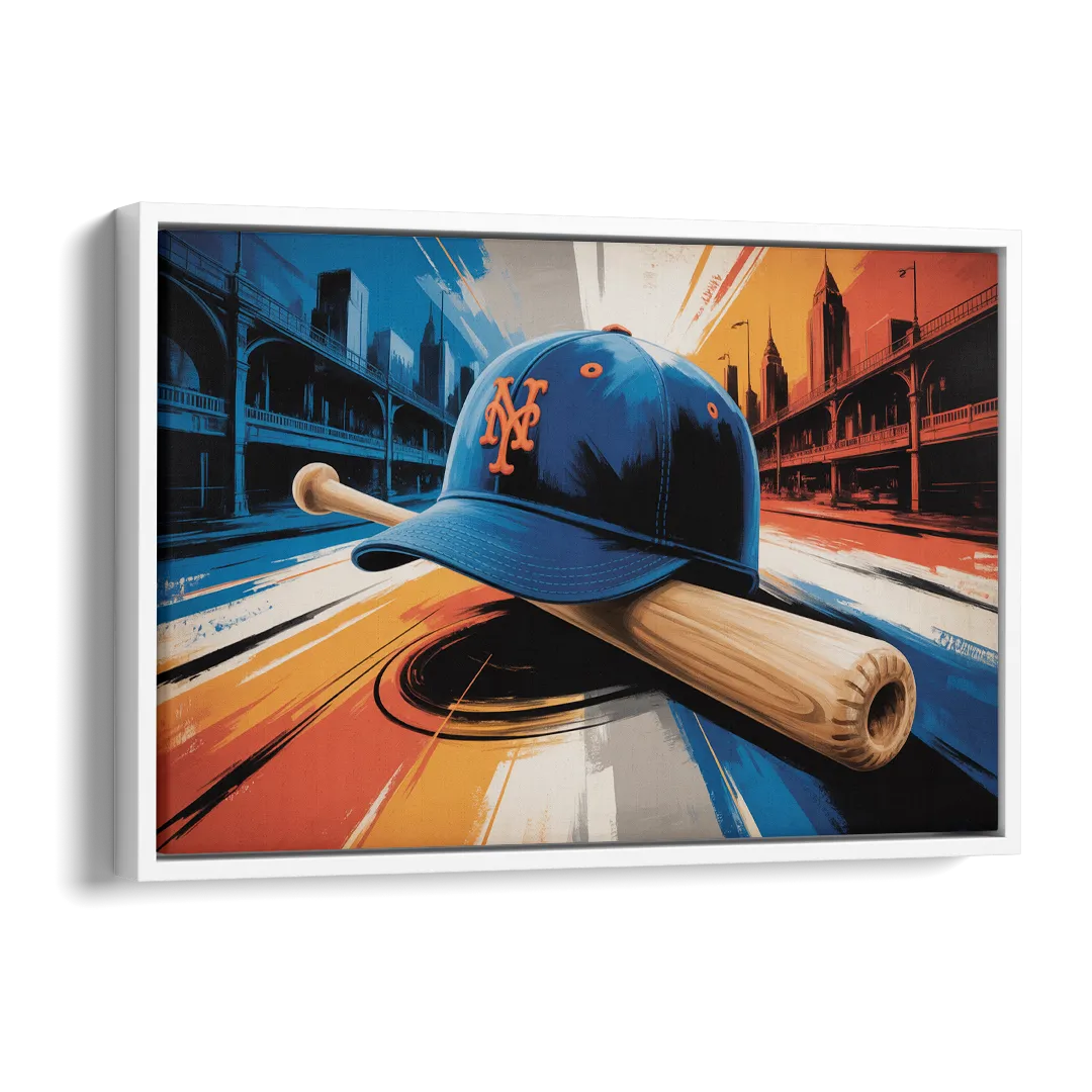 New York Mets Abstract Baseball Art Energetic Triumph in Blue and Orange Side - White Canvas Wall Art