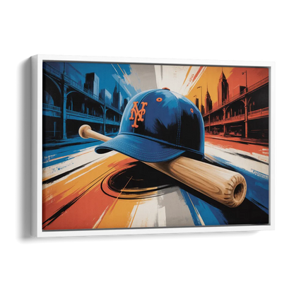 New York Mets Abstract Baseball Art Energetic Triumph in Blue and Orange Side - White Canvas Wall Art