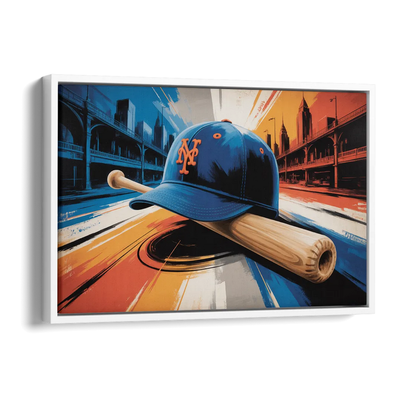 New York Mets Abstract Baseball Art Energetic Triumph in Blue and Orange Side - White Canvas Wall Art
