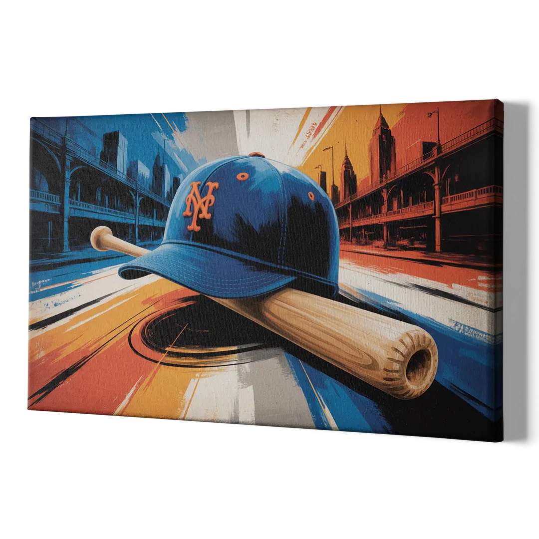 New York Mets Abstract Baseball Art Energetic Triumph in Blue and Orange - Canvas Print Art Sides