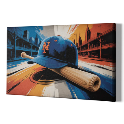 New York Mets Abstract Baseball Art Energetic Triumph in Blue and Orange - Canvas Print Art Sides
