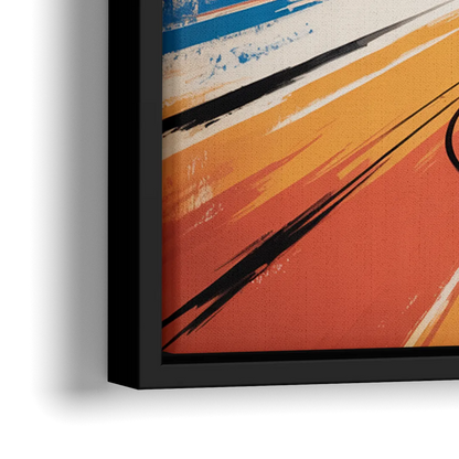 New York Mets Abstract Baseball Art Energetic Triumph in Blue and Orange - Close-Up Black Frame Canvas