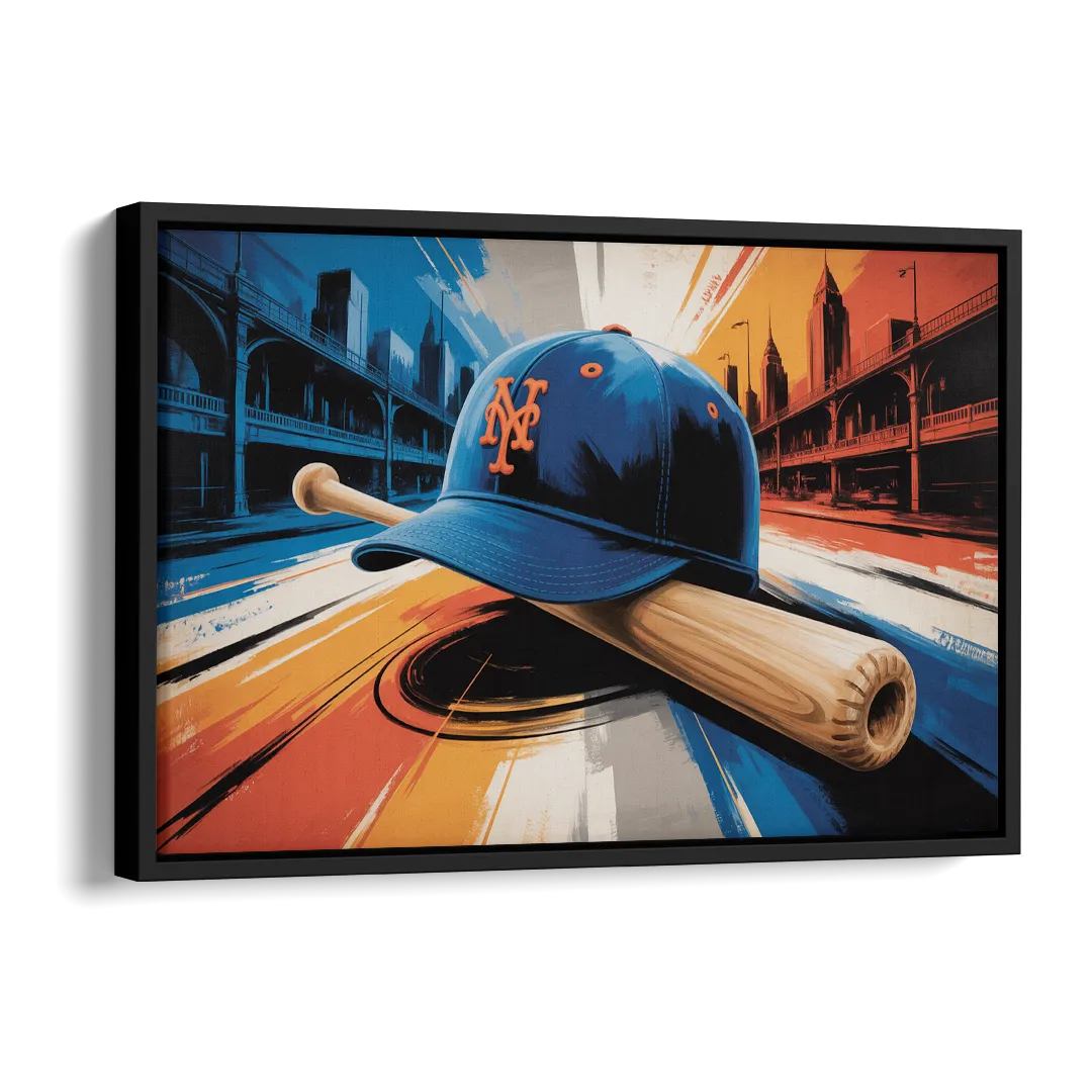 New York Mets Abstract Baseball Art Energetic Triumph in Blue and Orange Side - Black Canvas Wall Art