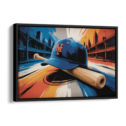 New York Mets Abstract Baseball Art Energetic Triumph in Blue and Orange Side - Black Canvas Wall Art