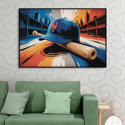 New York Mets Abstract Baseball Art Energetic Triumph in Blue and Orange Sitting Room - Black Canvas Wall Art