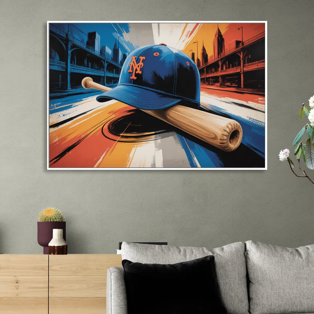 New York Mets Abstract Baseball Art Energetic Triumph in Blue and Orange Sitting Room - White Canvas Wall Art