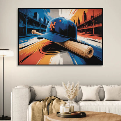 New York Mets Abstract Baseball Art Energetic Triumph in Blue and Orange Living Room - Black Canvas Wall Art