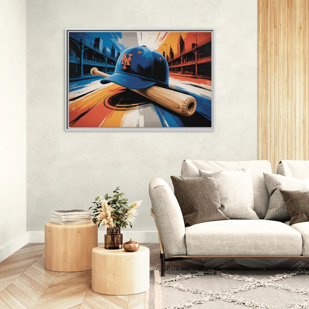 New York Mets Abstract Baseball Art Energetic Triumph in Blue and Orange - Living Room White Frame Canvas