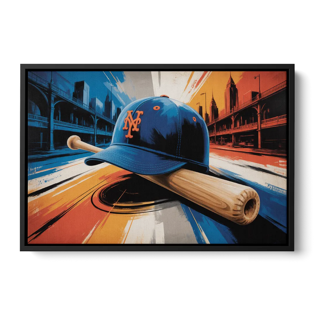 New York Mets Abstract Baseball Art Energetic Triumph in Blue and Orange Front - Black Canvas Wall Art