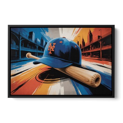 New York Mets Abstract Baseball Art Energetic Triumph in Blue and Orange Front - Black Canvas Wall Art