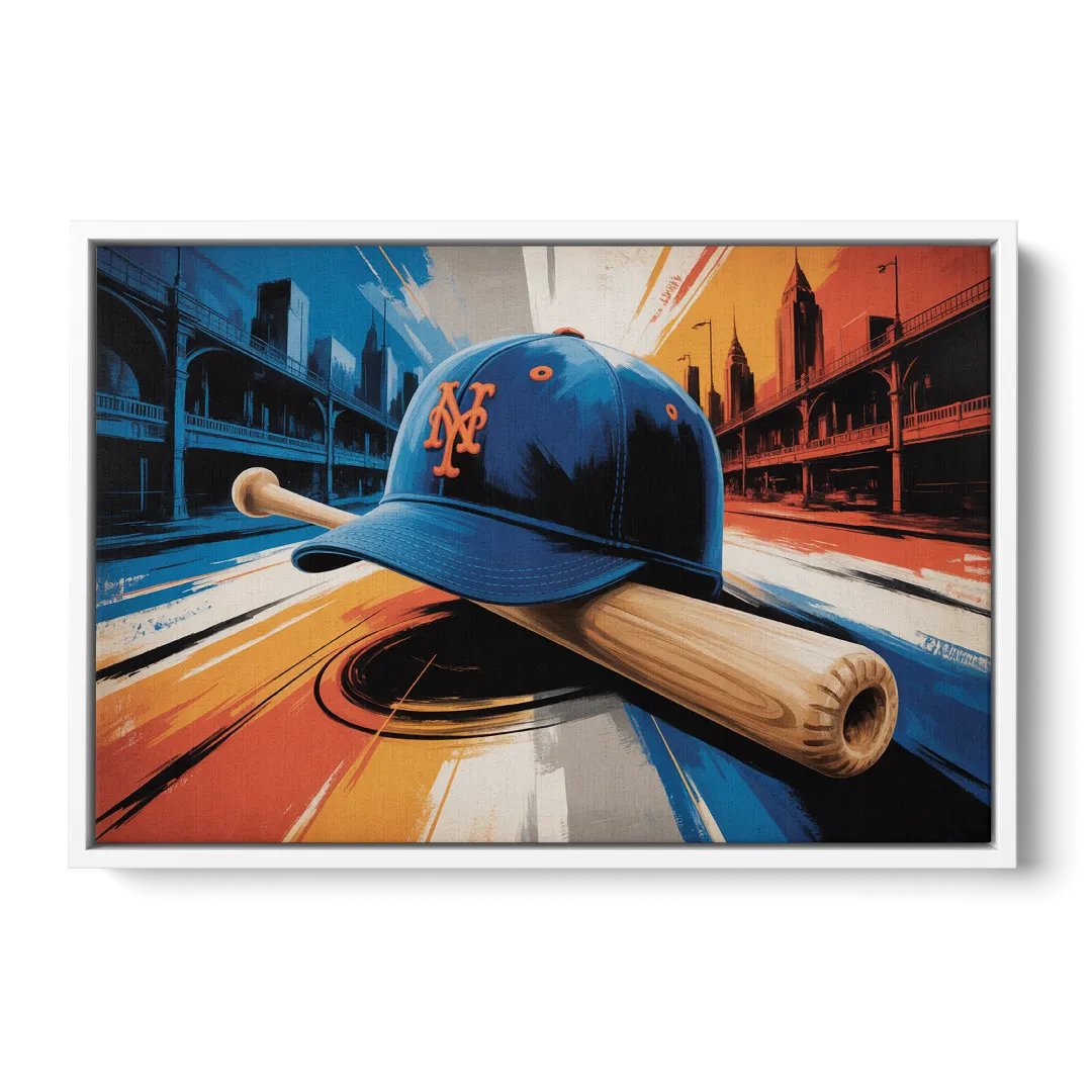 New York Mets Abstract Baseball Art Energetic Triumph in Blue and Orange - White Frame Canvas