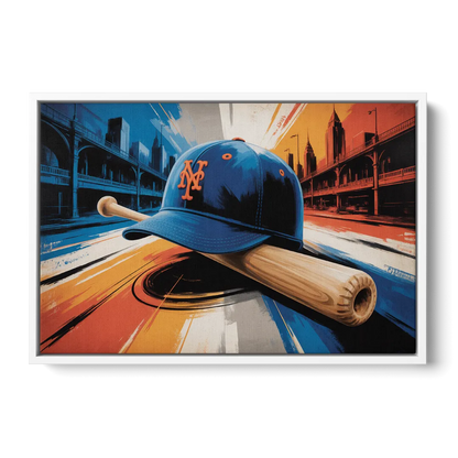 New York Mets Abstract Baseball Art Energetic Triumph in Blue and Orange - White Frame Canvas
