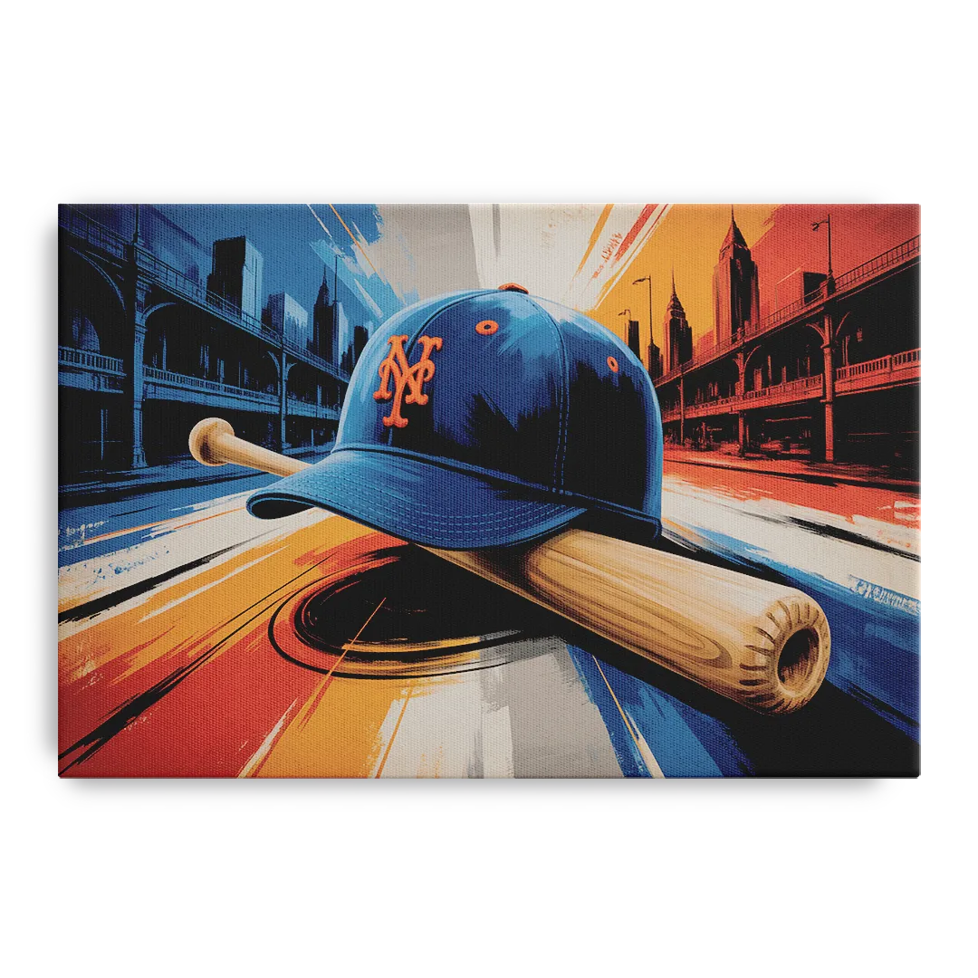 New York Mets Abstract Baseball Art Energetic Triumph in Blue and Orange Front - Canvas Wall Art