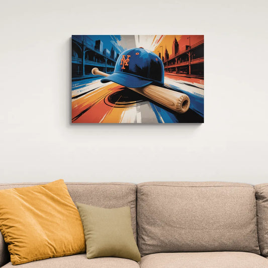 New York Mets Abstract Baseball Art Energetic Triumph in Blue and Orange - Canvas Wall Art Living Room