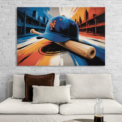 New York Mets Abstract Baseball Art Energetic Triumph in Blue and Orange Living Room - Canvas Wall Art