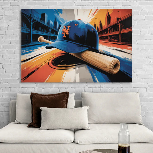 New York Mets Abstract Baseball Art Energetic Triumph in Blue and Orange Living Room - Canvas Wall Art