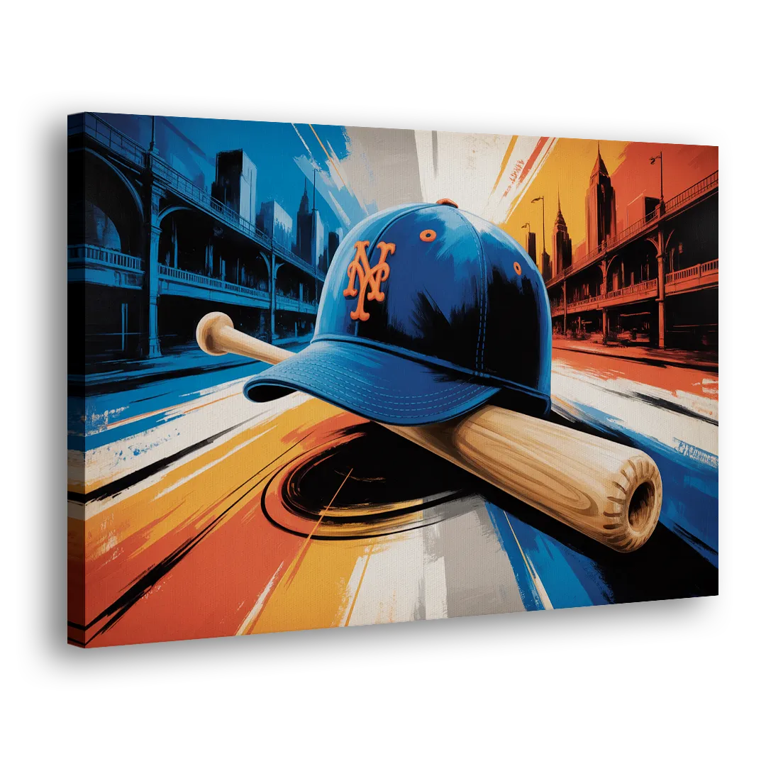 New York Mets Abstract Baseball Art Energetic Triumph in Blue and Orange Side - Canvas Wall Art