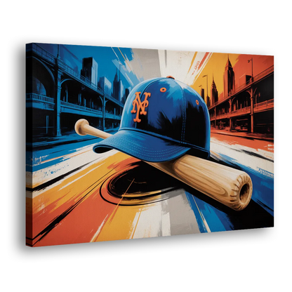 New York Mets Abstract Baseball Art Energetic Triumph in Blue and Orange Side - Canvas Wall Art