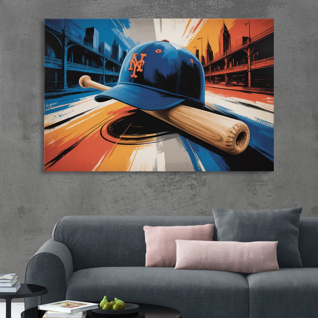 New York Mets Abstract Baseball Art Energetic Triumph in Blue and Orange Sitting Room - Canvas Wall Art