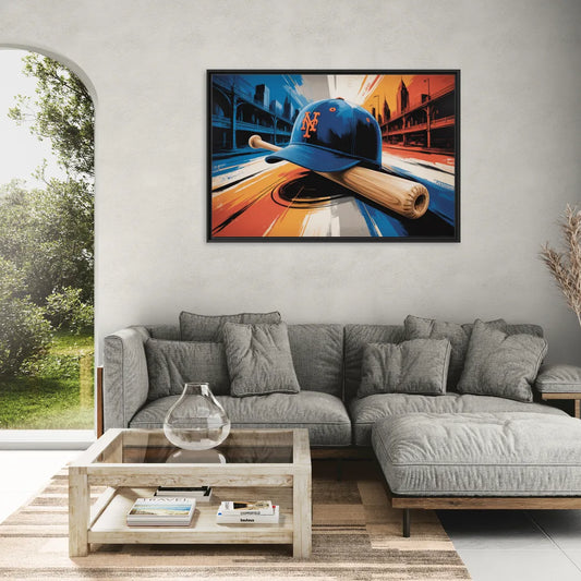New York Mets Abstract Baseball Art Energetic Triumph in Blue and Orange - Living Room Black Frame Canvas