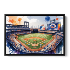 New York Mets Citi Field Watercolor - Black Framed Canvas Wall Art - Front