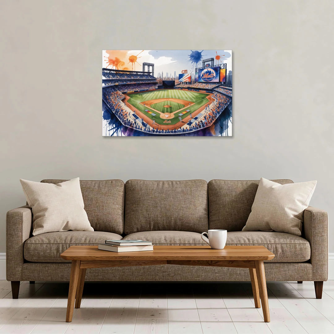 New York Mets Citi Field Watercolor - Canvas Wall Art - Sofa - 36x24