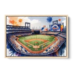 New York Mets Citi Field Watercolor - Oak Framed Canvas Wall Art - Front