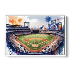 New York Mets Citi Field Watercolor - White Framed Canvas Wall Art - Front