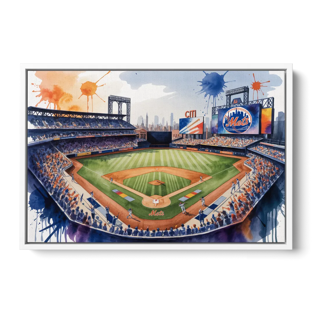 New York Mets Dynamic Watercolor Celebration at Citi Field Front - White Canvas Wall Art