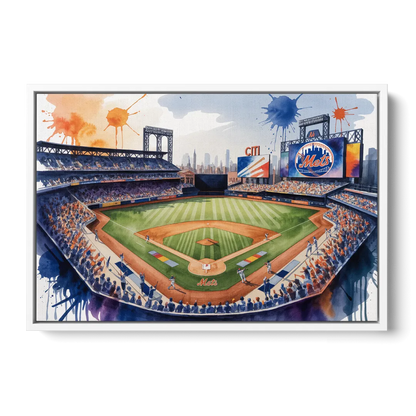 New York Mets Dynamic Watercolor Celebration at Citi Field Front - White Canvas Wall Art
