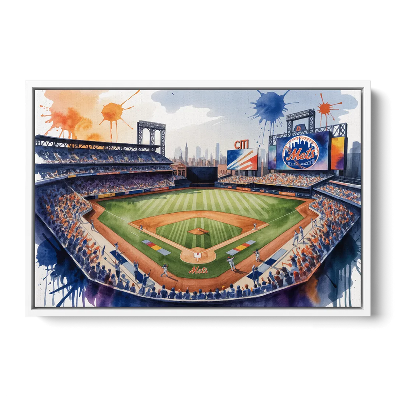 New York Mets Dynamic Watercolor Celebration at Citi Field Front - White Canvas Wall Art