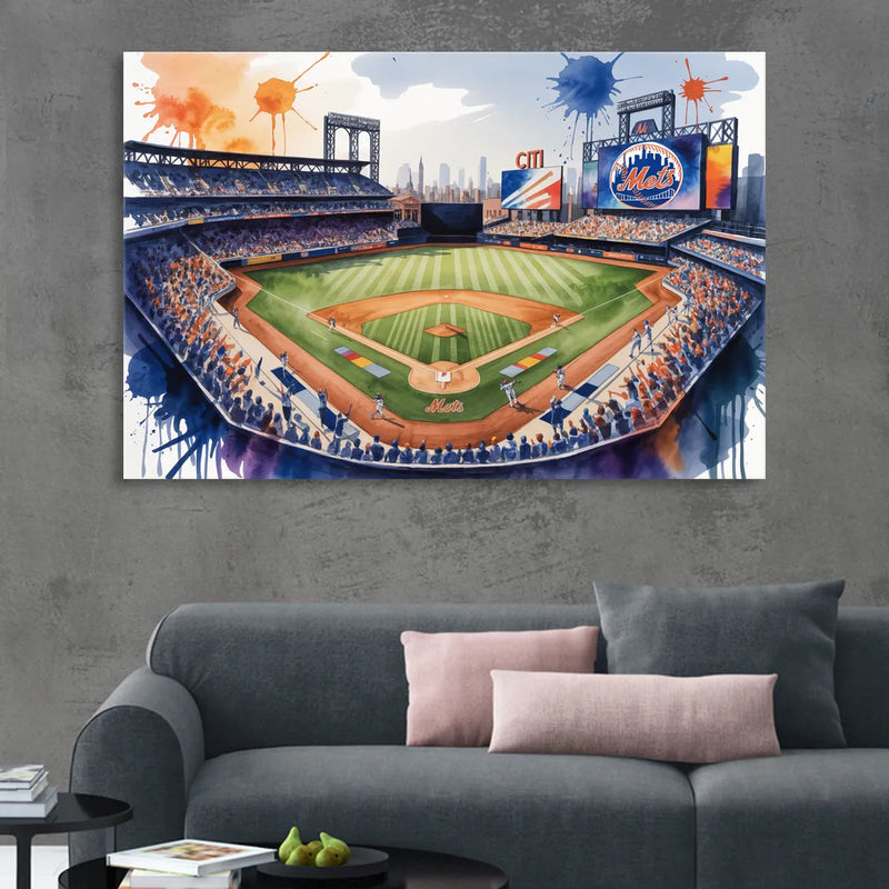 New York Mets Dynamic Watercolor Celebration at Citi Field Living Room - Canvas Wall Art