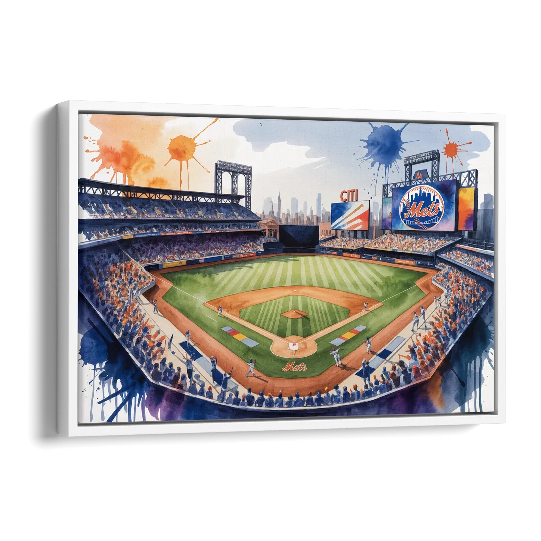 New York Mets Dynamic Watercolor Celebration at Citi Field Side - White Canvas Wall Art