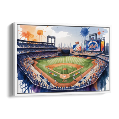 New York Mets Dynamic Watercolor Celebration at Citi Field Side - White Canvas Wall Art