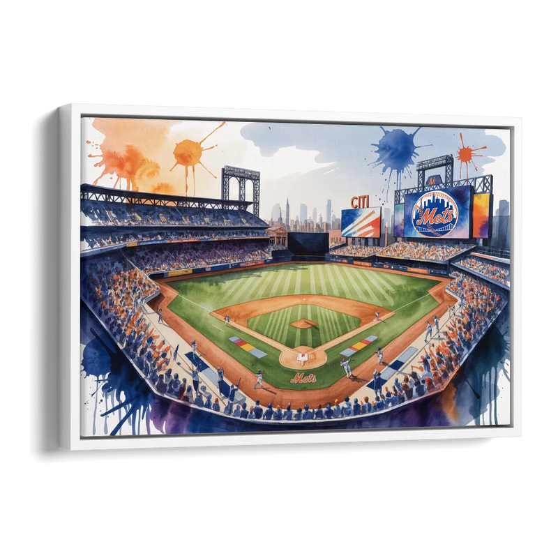 New York Mets Dynamic Watercolor Celebration at Citi Field Side - White Canvas Wall Art