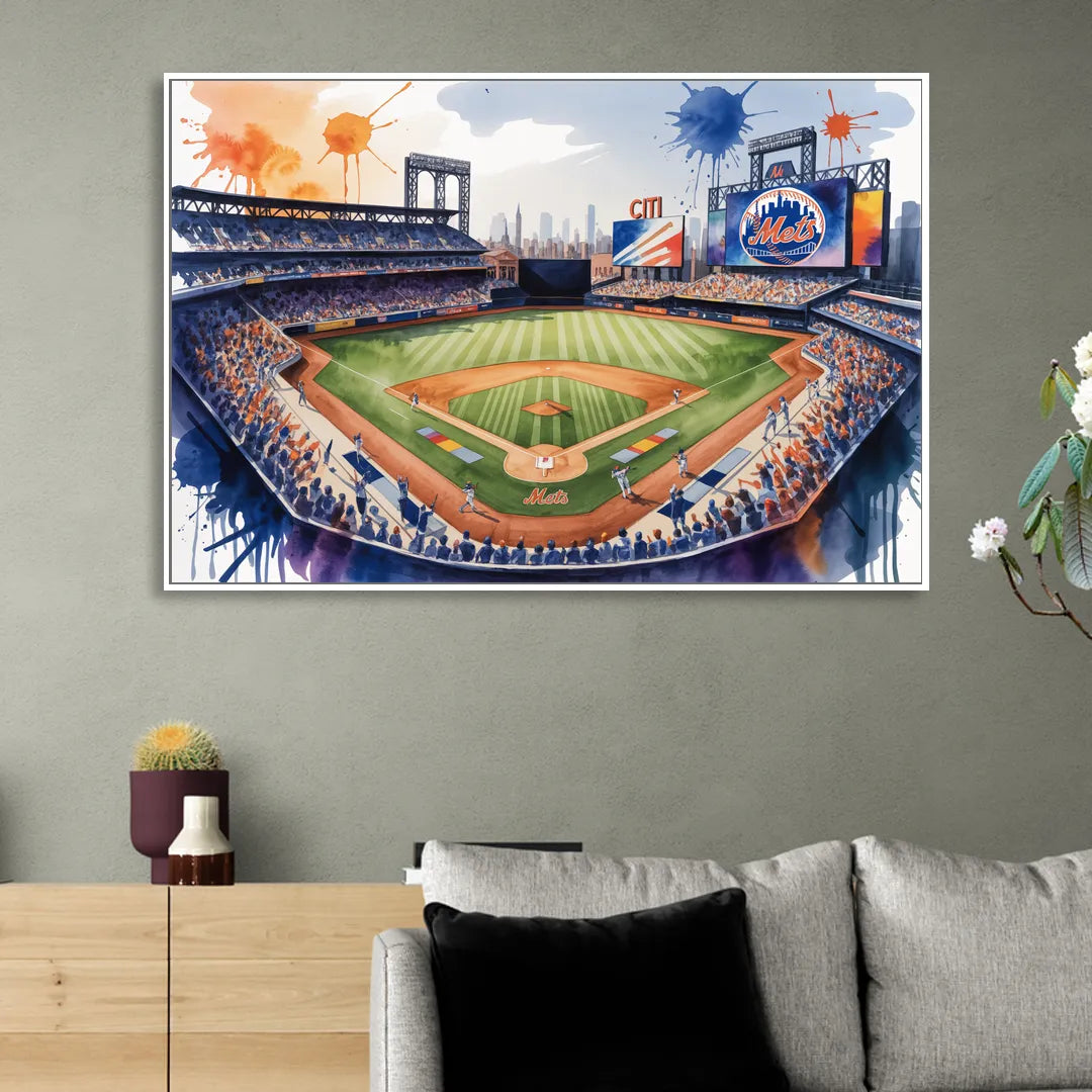 New York Mets Dynamic Watercolor Celebration at Citi Field Living Room - White Canvas Wall Art